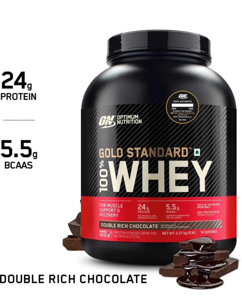 ON (Optimum Nutrition) Gold Standard 100% Whey Protein, 2.27 kg (5 lb), Double Rich Chocolate